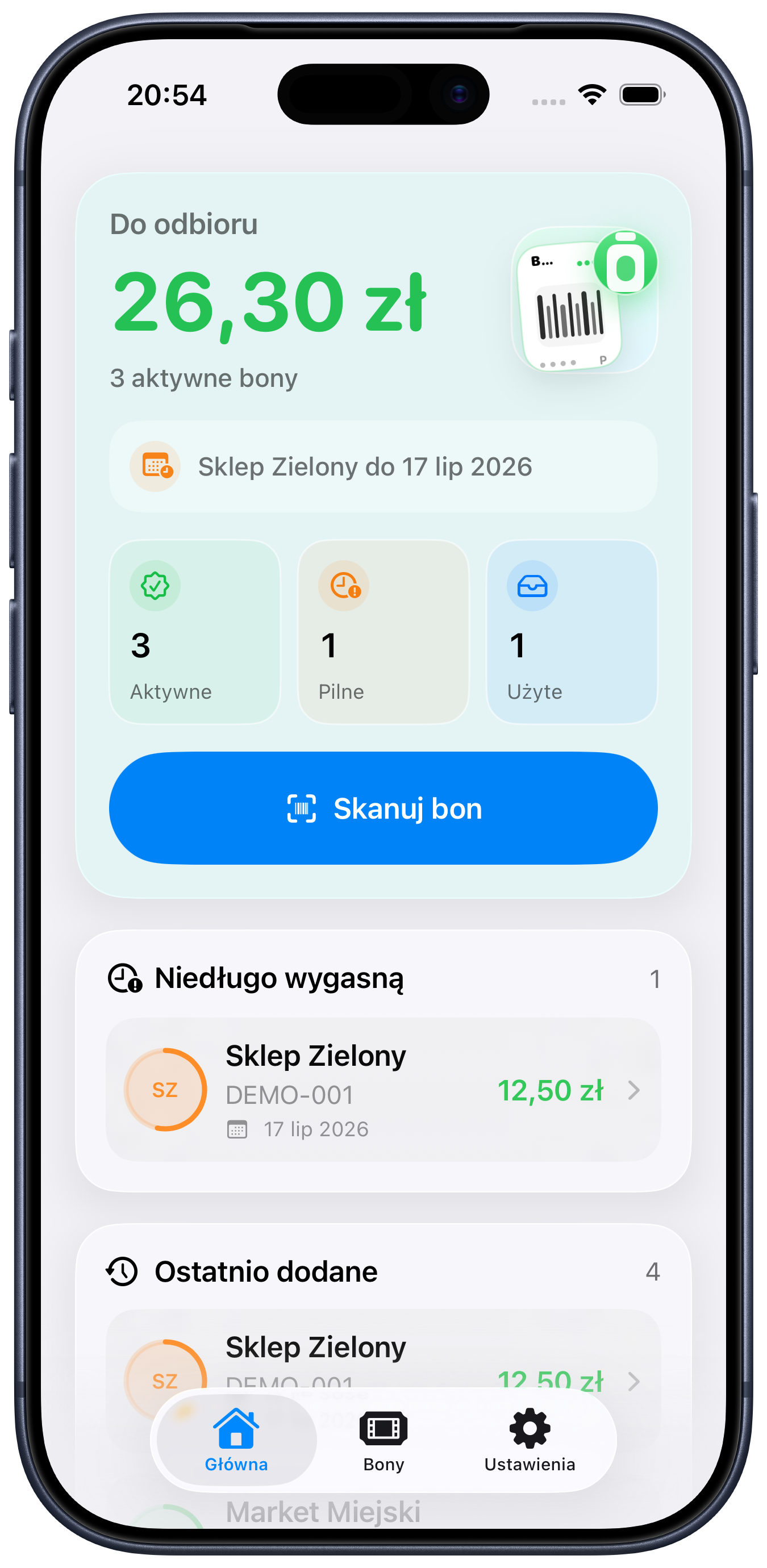 Kaucio home screen with active voucher totals, an expiring soon section and a scan voucher button