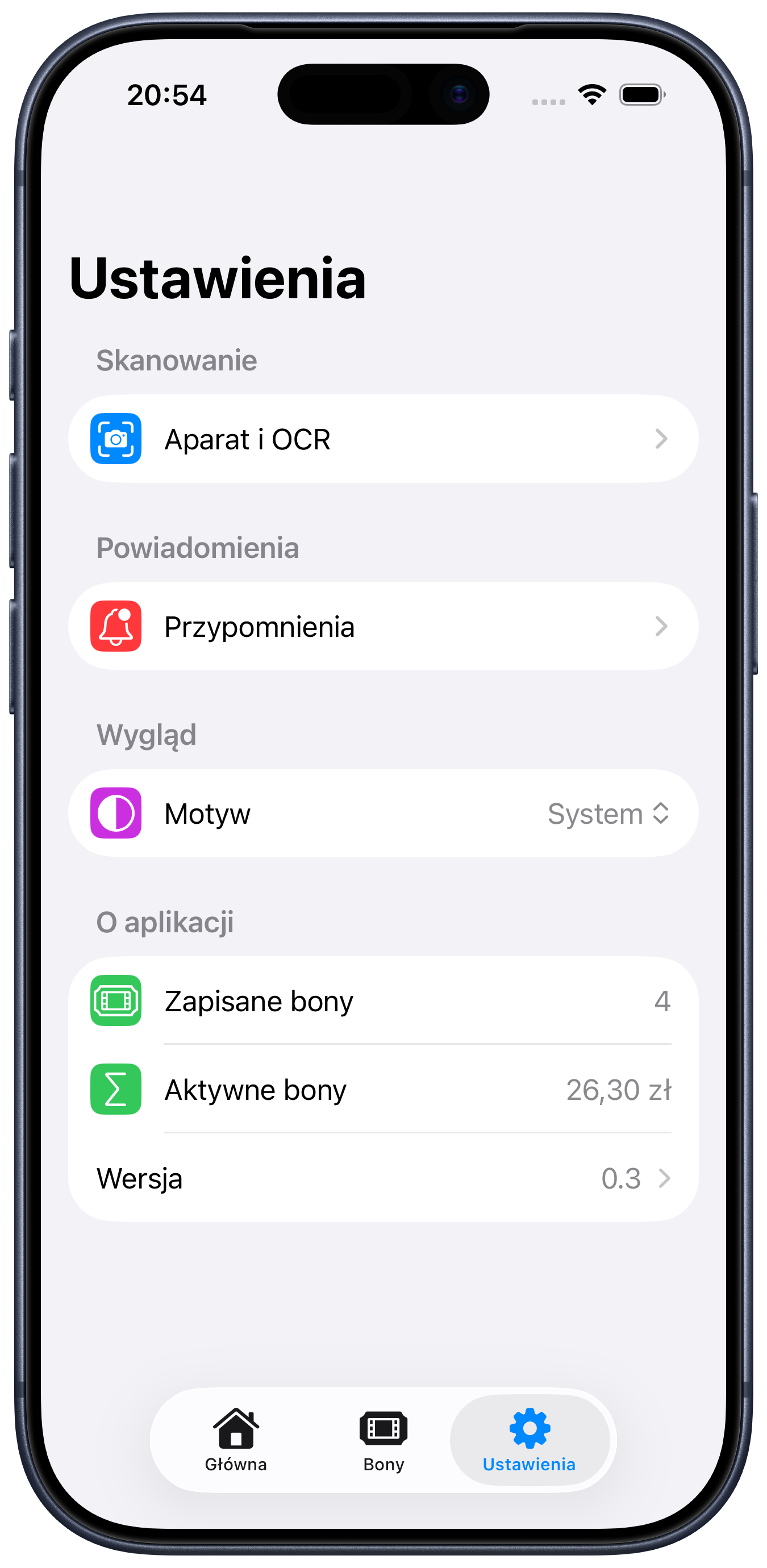 Kaucio settings screen with camera, OCR, reminder and appearance options