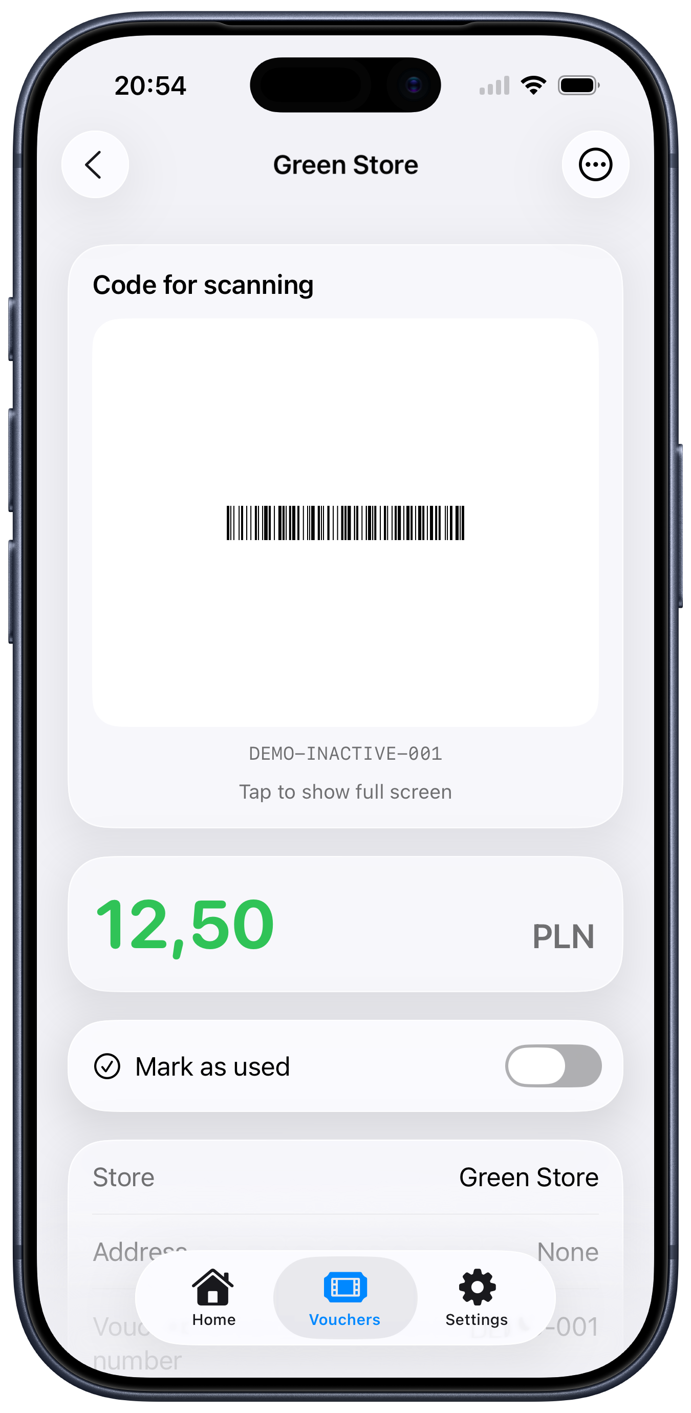 Kaucio voucher details screen with an inactive demonstration code and amount