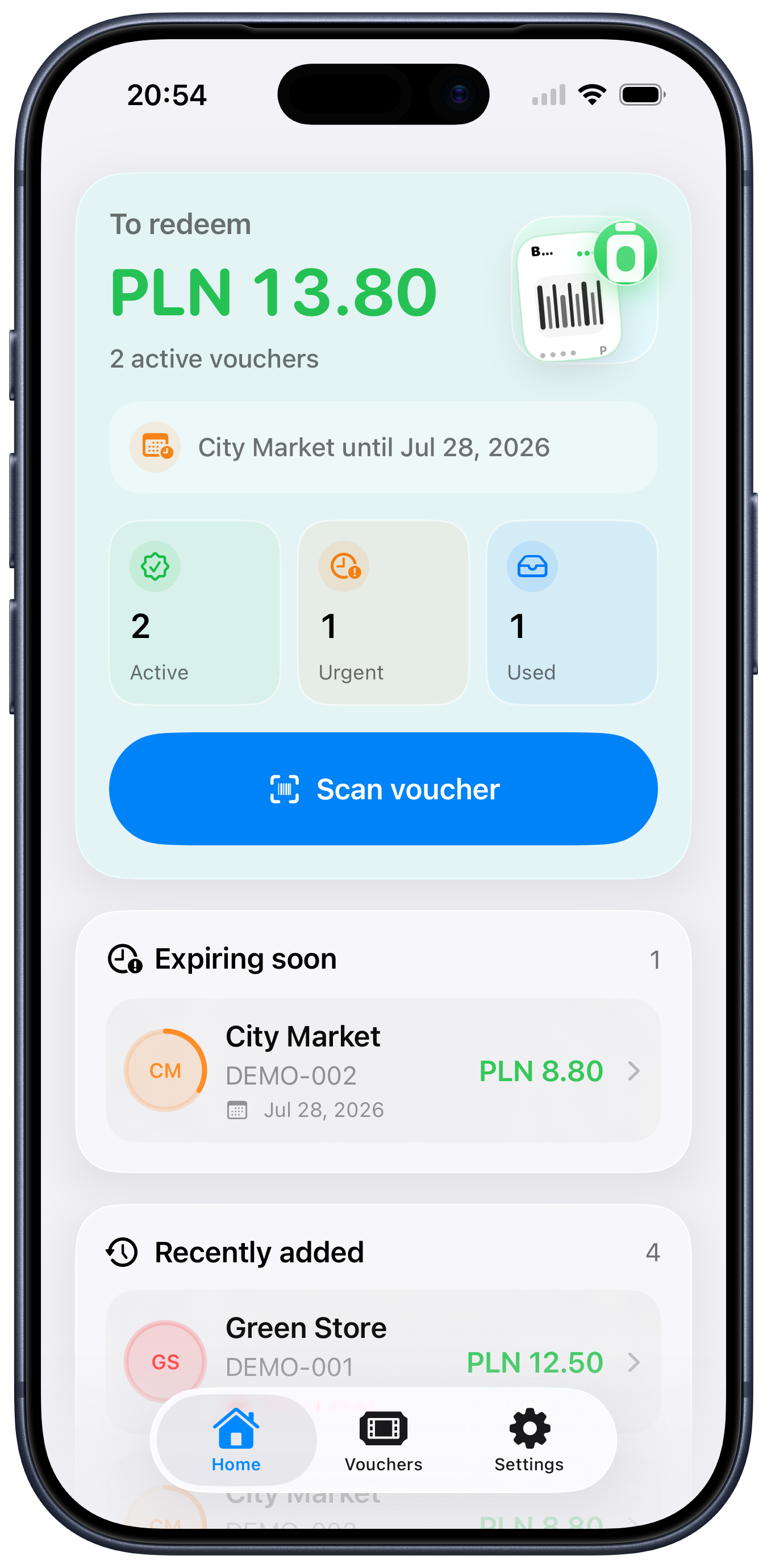 Kaucio home screen with active voucher totals, an expiring soon section and a scan voucher button