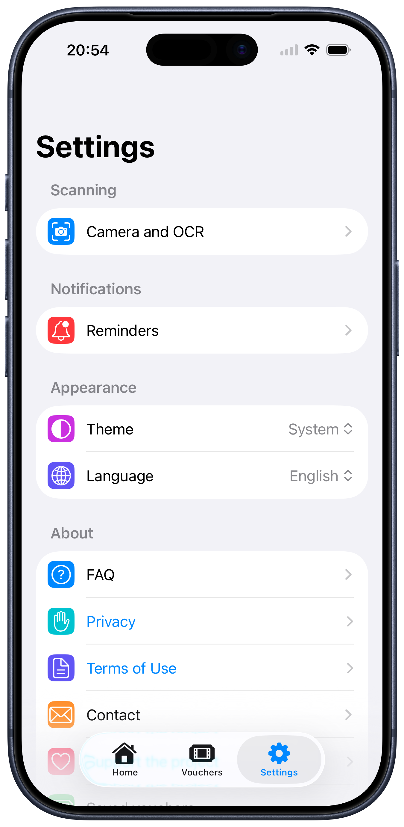 Kaucio settings screen with camera, OCR, reminder, appearance and language options