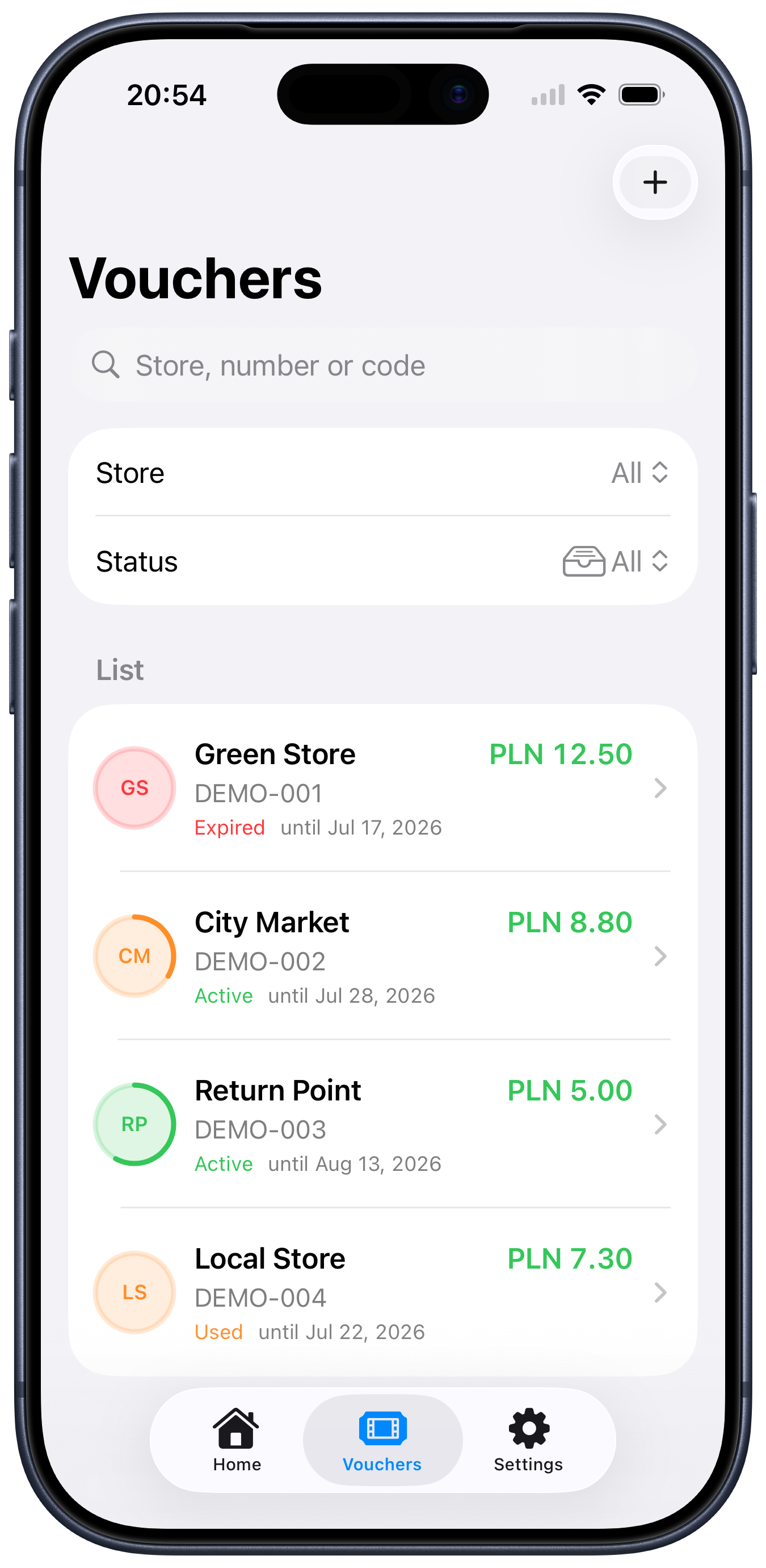 Kaucio voucher list with search and filters for location and status