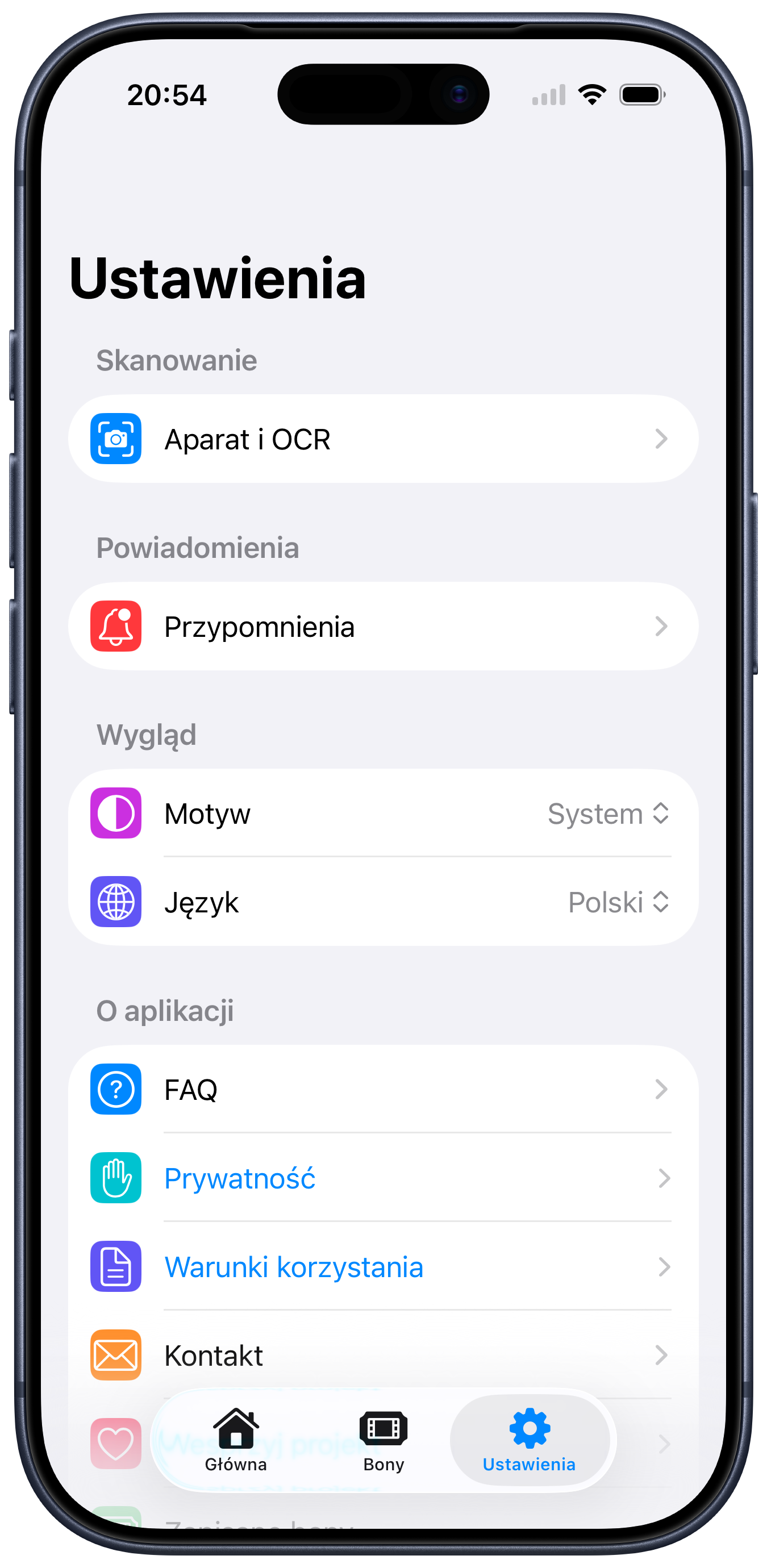 Ekran ustawień Kaucio z opcjami aparatu, OCR, przypomnień, motywu i języka