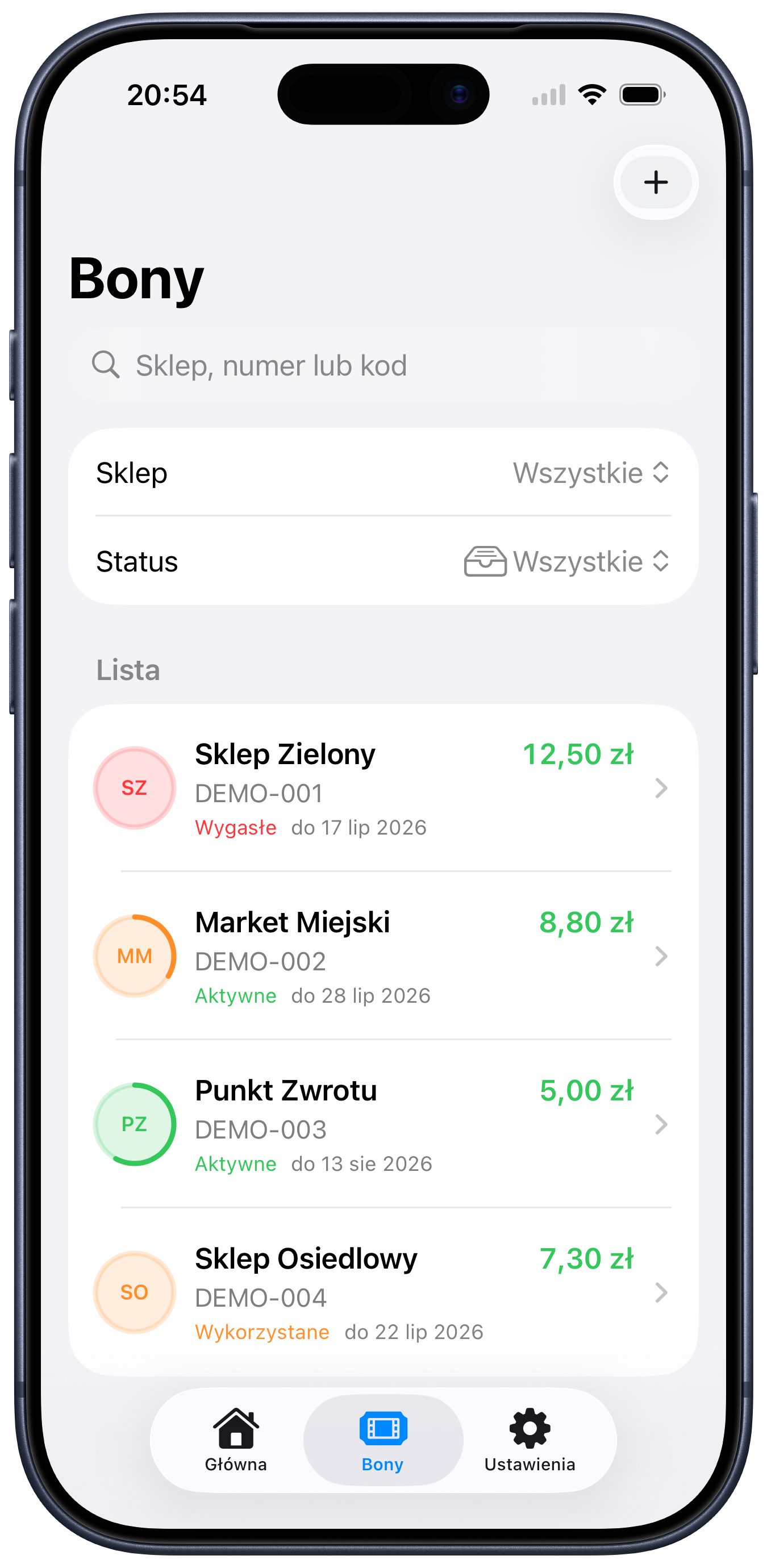Ekran listy bonów w Kaucio z wyszukiwarką oraz filtrami sklepu i statusu
