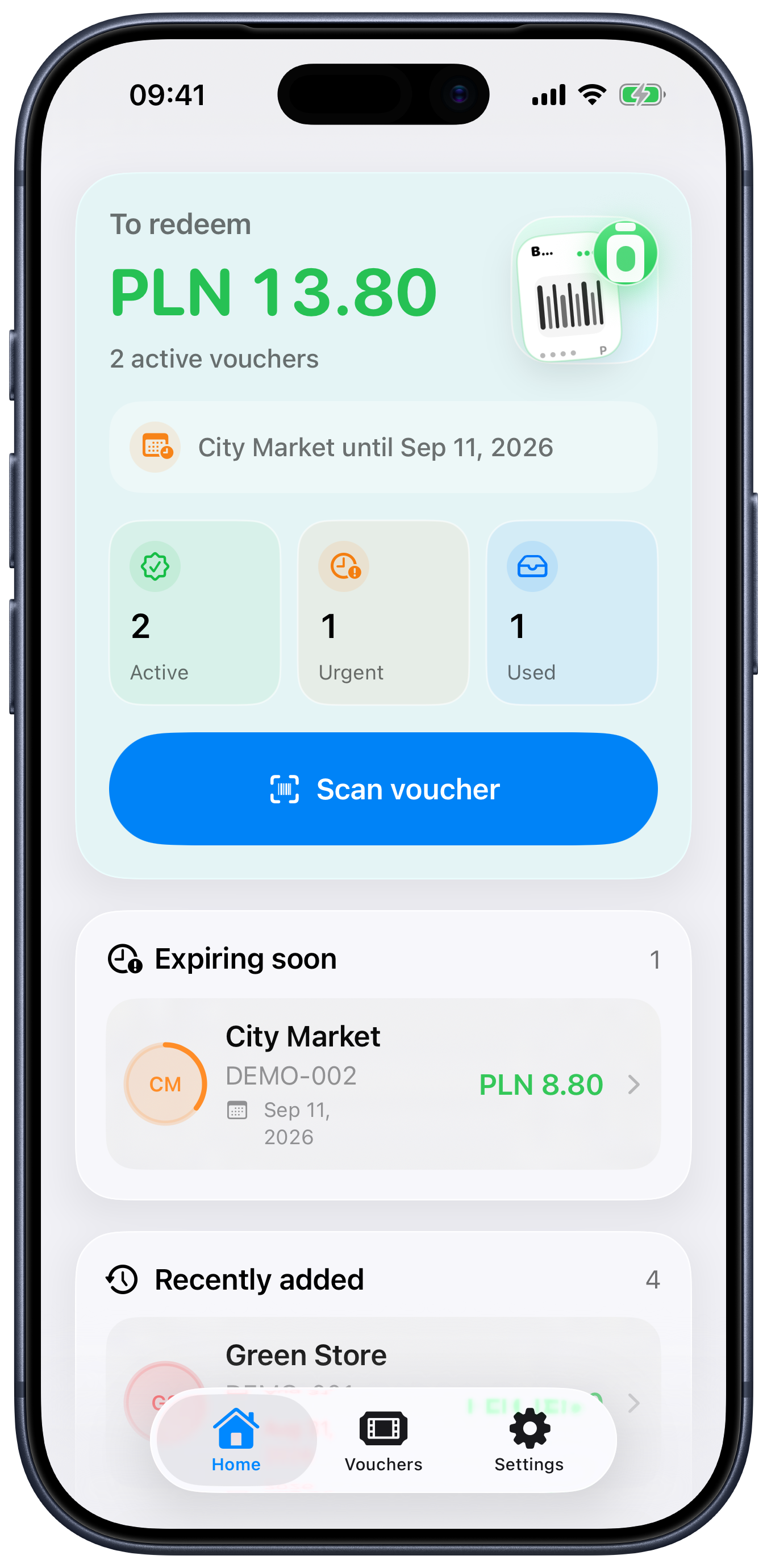 Kaucio home screen with active voucher totals, an expiring soon section and a scan voucher button