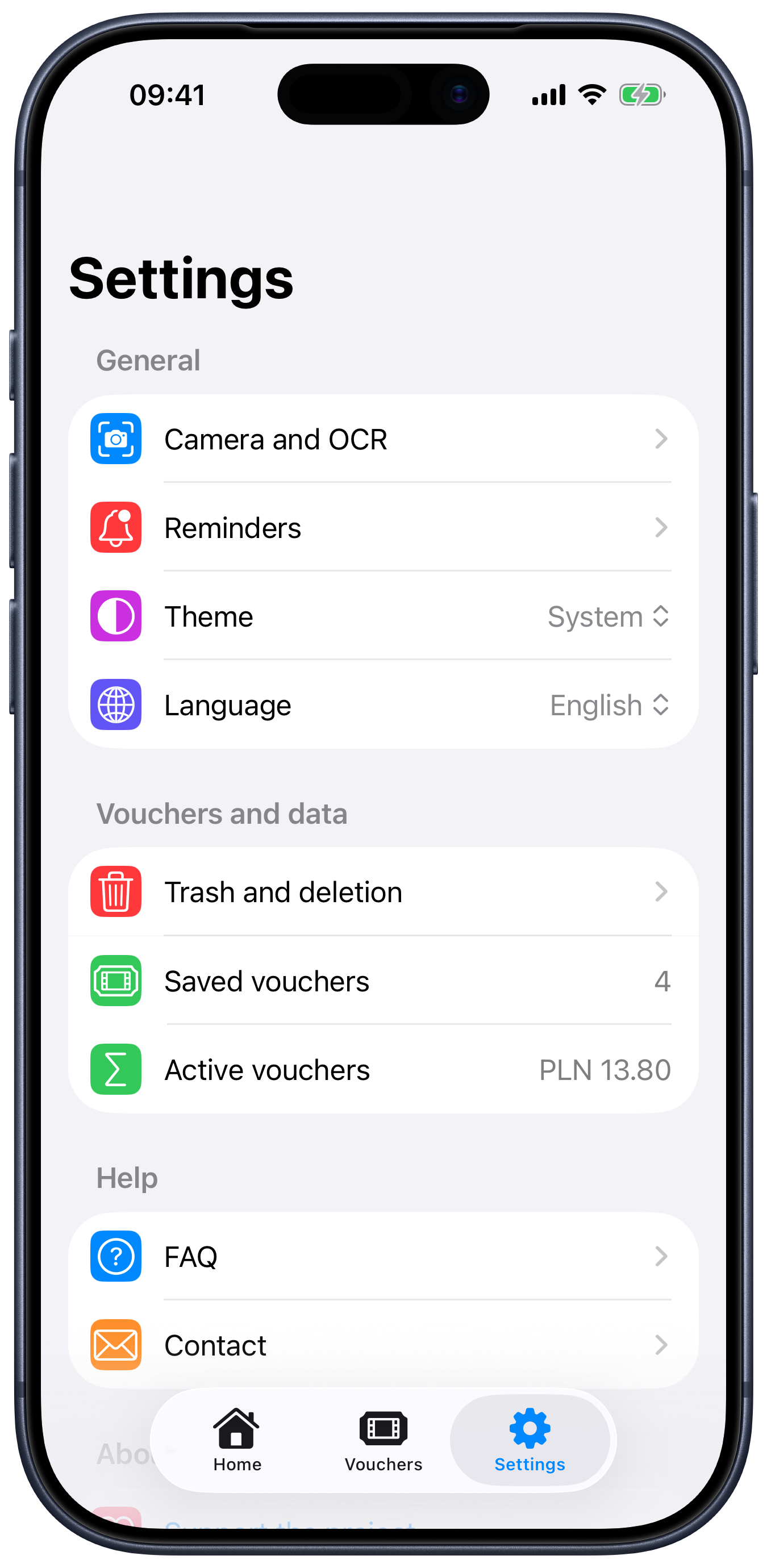Kaucio settings screen with camera, OCR, reminder, appearance and language options