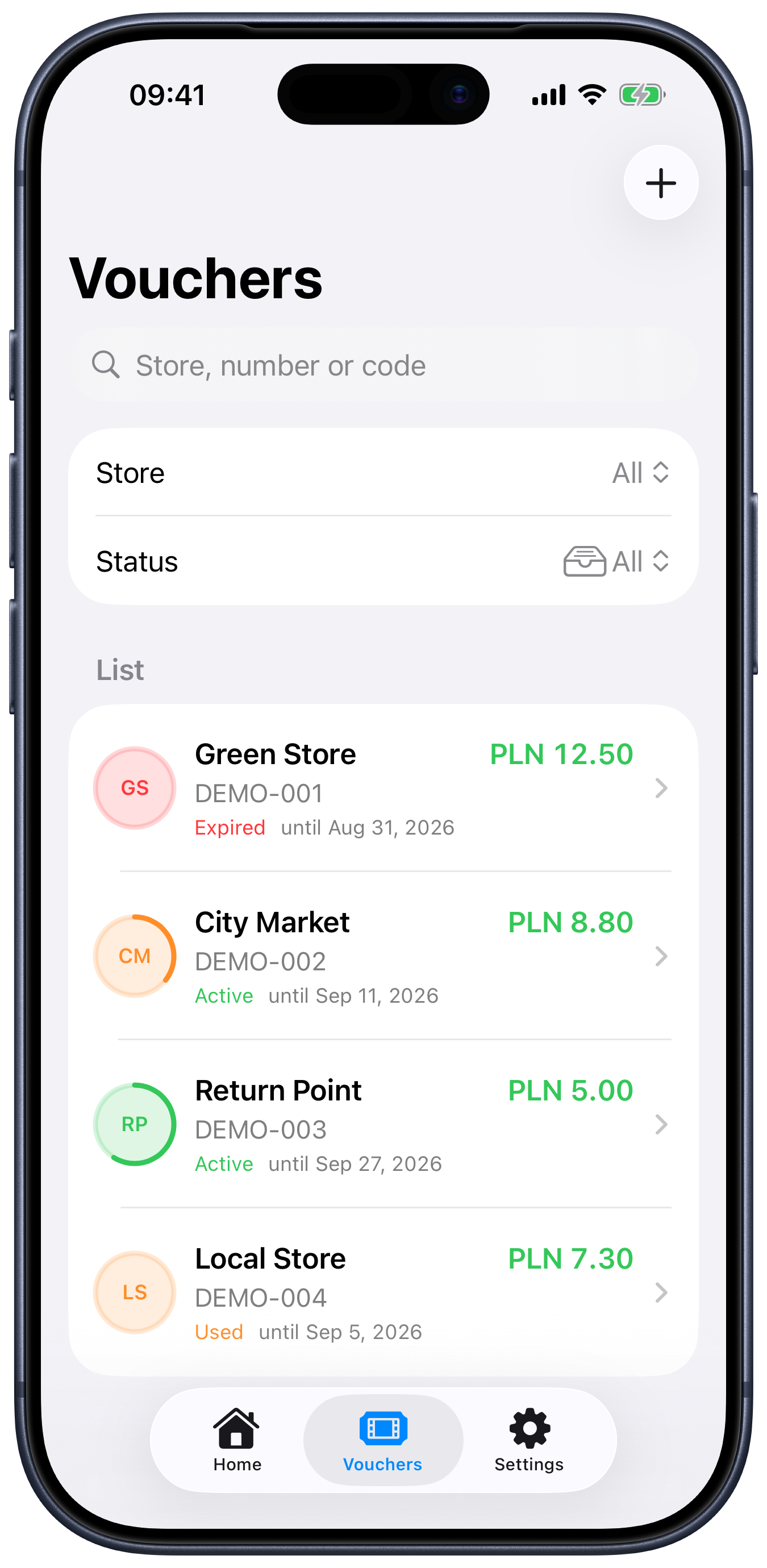 Kaucio voucher list with search and filters for location and status
