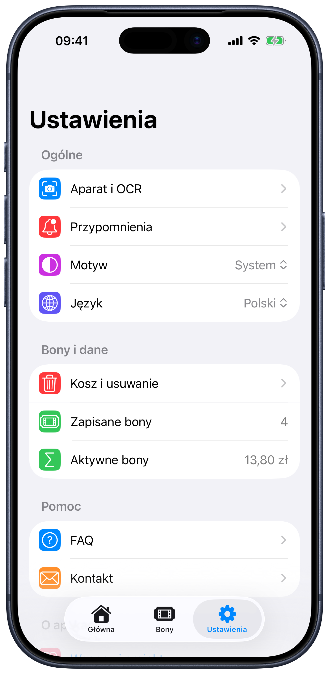 Ekran ustawień Kaucio z opcjami aparatu, OCR, przypomnień, motywu i języka