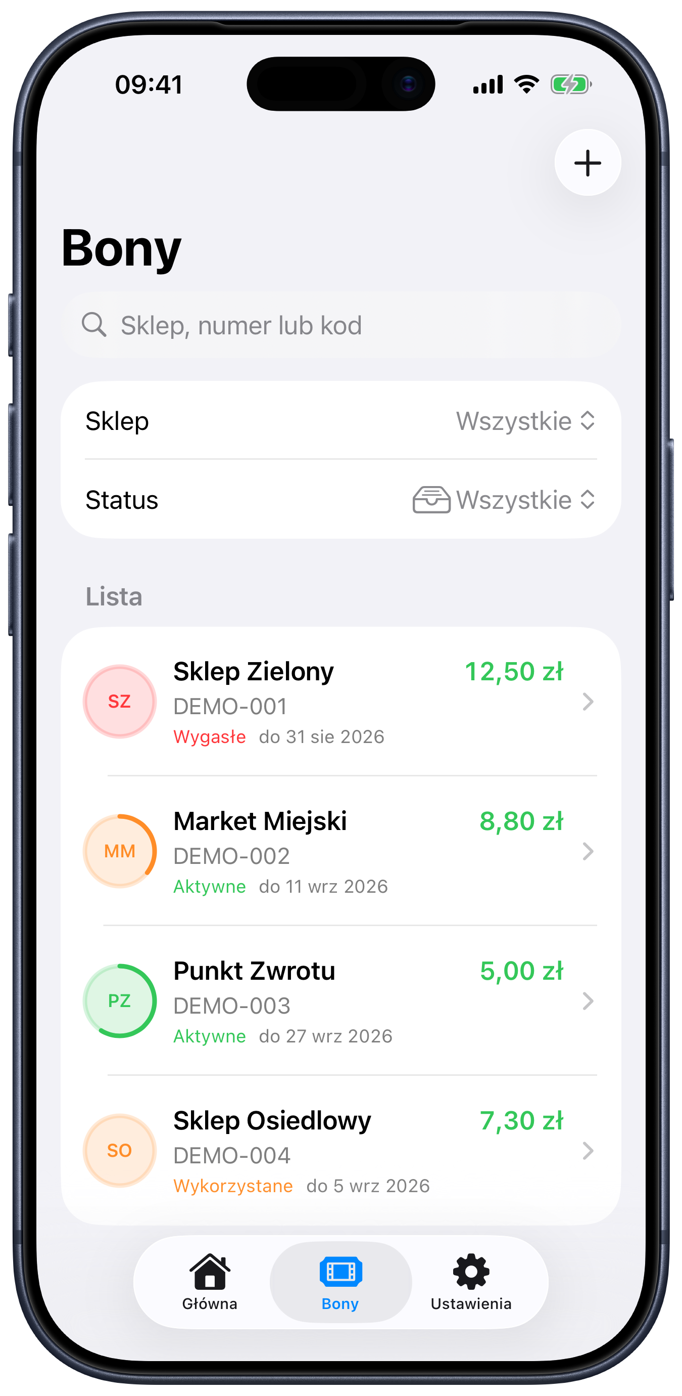 Ekran listy bonów w Kaucio z wyszukiwarką oraz filtrami sklepu i statusu