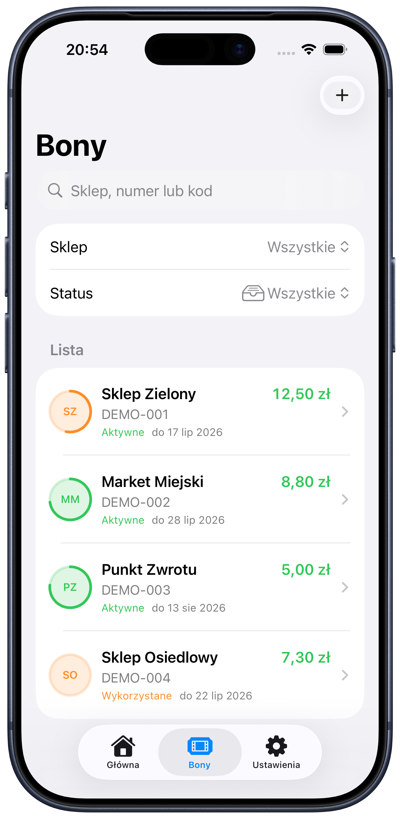 Kaucio voucher list with search and filters for location and status